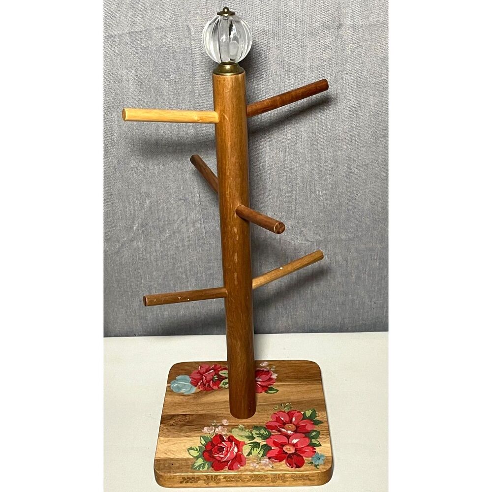 The Pioneer Woman Vintage Floral Acacia Wood Mug Tree Coffee Cup Holder 18"